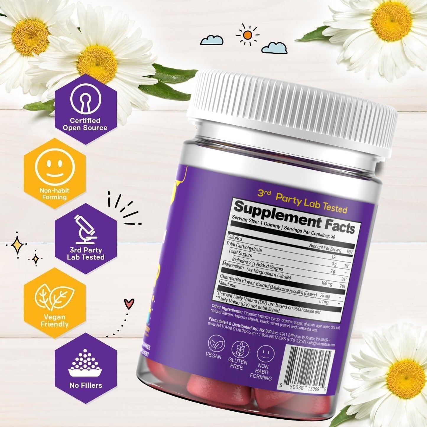Natural Stacks Kids Sleep Magnesium Gummies with Melatonin, 30 Gummies