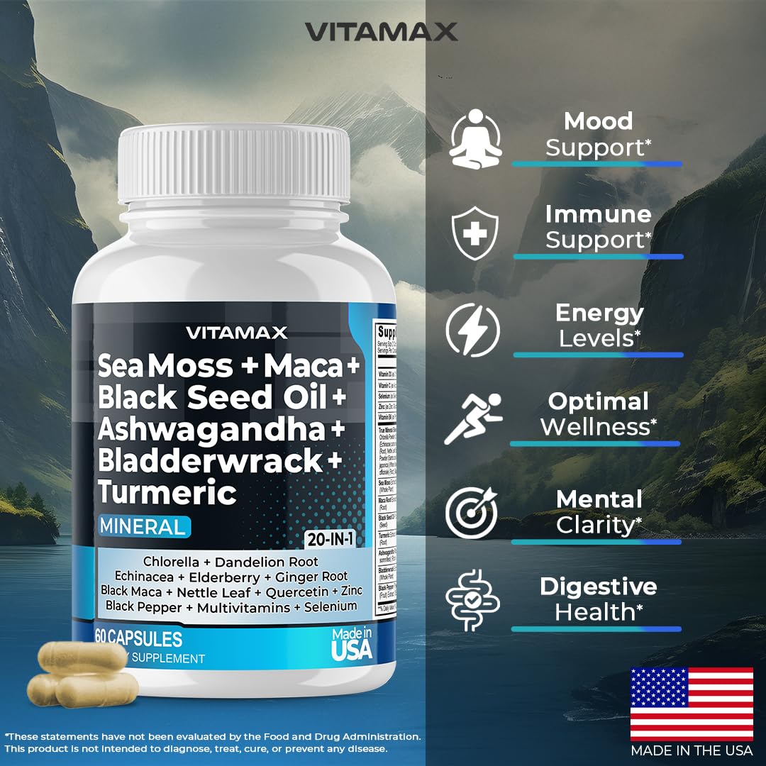 Vitamax Sea Moss Maca Black Seed Oil Ashwagandha Bladderwrack Turmeric Elderberry Vitamins C & D3 Dandelion & Black Pepper, 60 Capsules