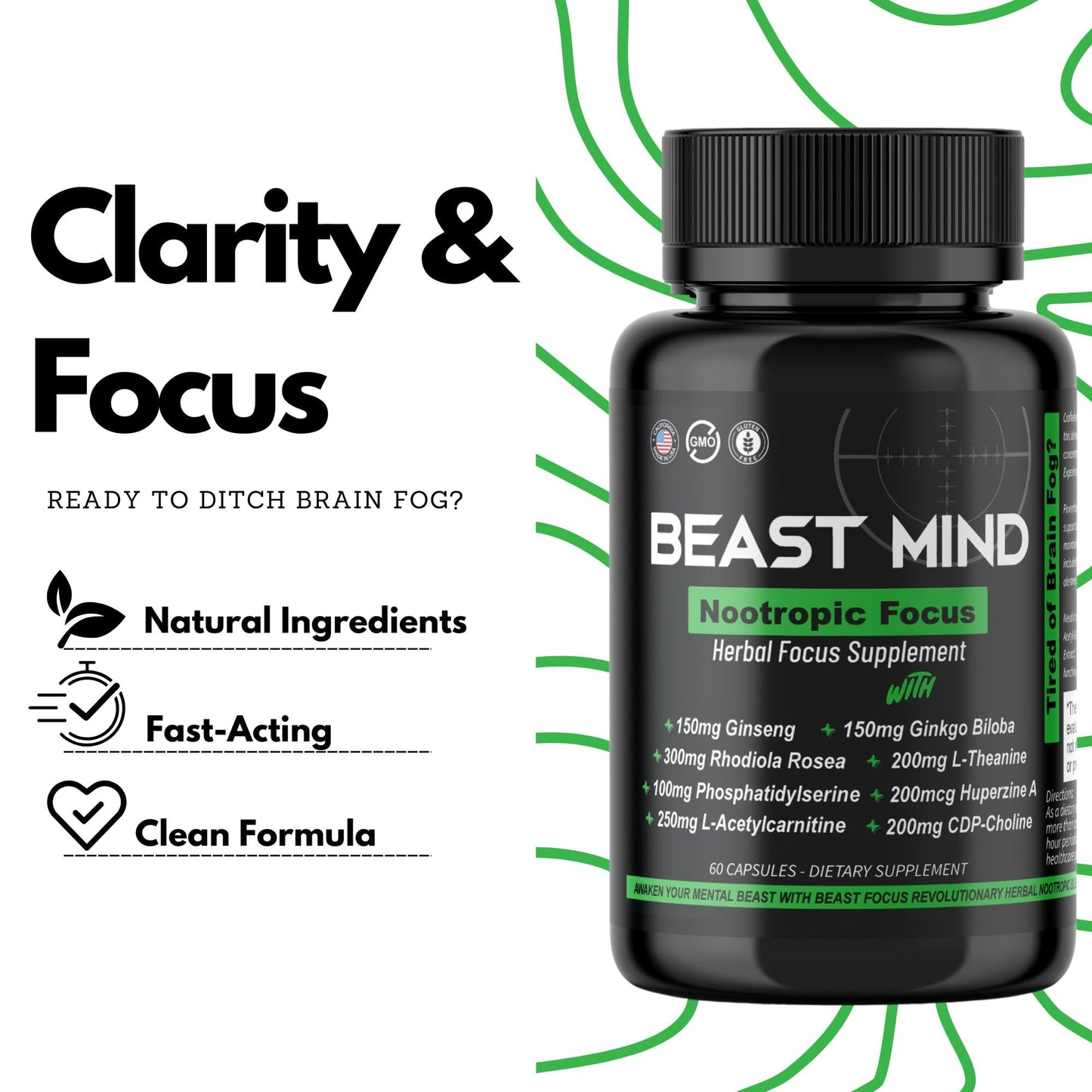 Beast Mind Focus Clarity Nootropic Blend Capsule 60 Count