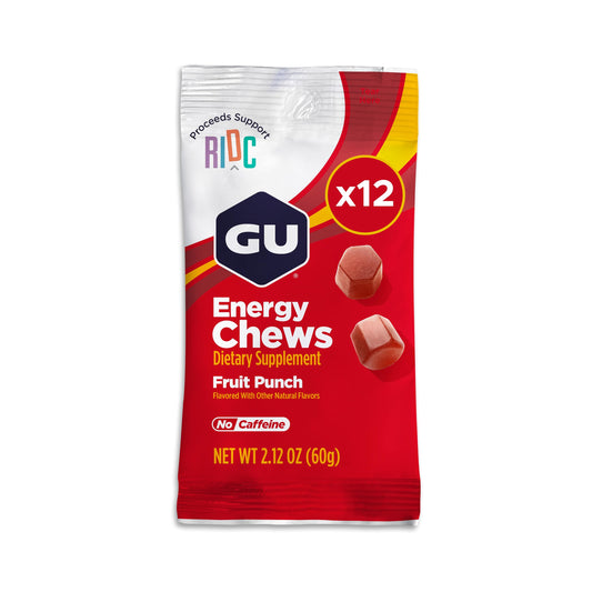 GU Energy Chews Fruit Punch Energy Gummies with Electrolytes, Vegan, Gluten-Free, Kosher, Caffeine Free, and Dairy-Free, 12 Bags