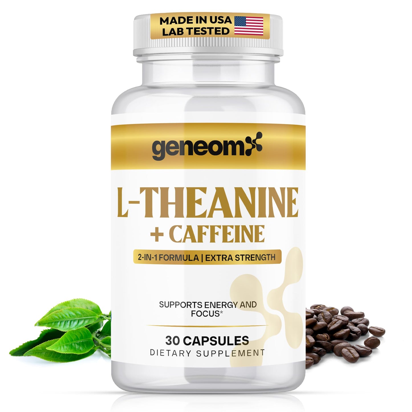 Geneomx L-Theanine + Caffeine Supplement Extra Strength 2-in-1 Formula for Mental Clarity, Energy and Focus with Natural Green Coffee Bean Extract Capsule, 30 Count