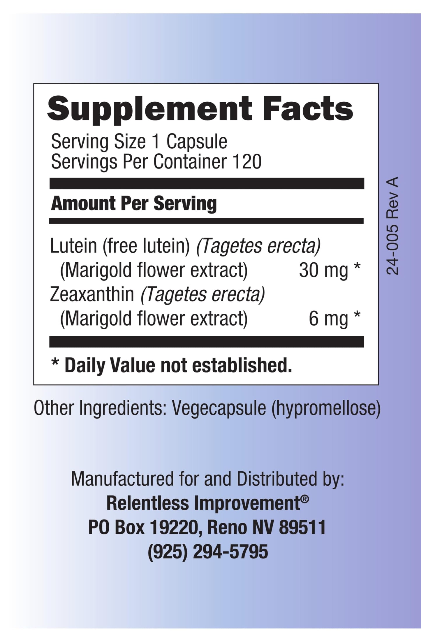 Relentless Improvement Lutein 30mg + Zeaxanthin 6mg Vege-Capsules, 120 Count