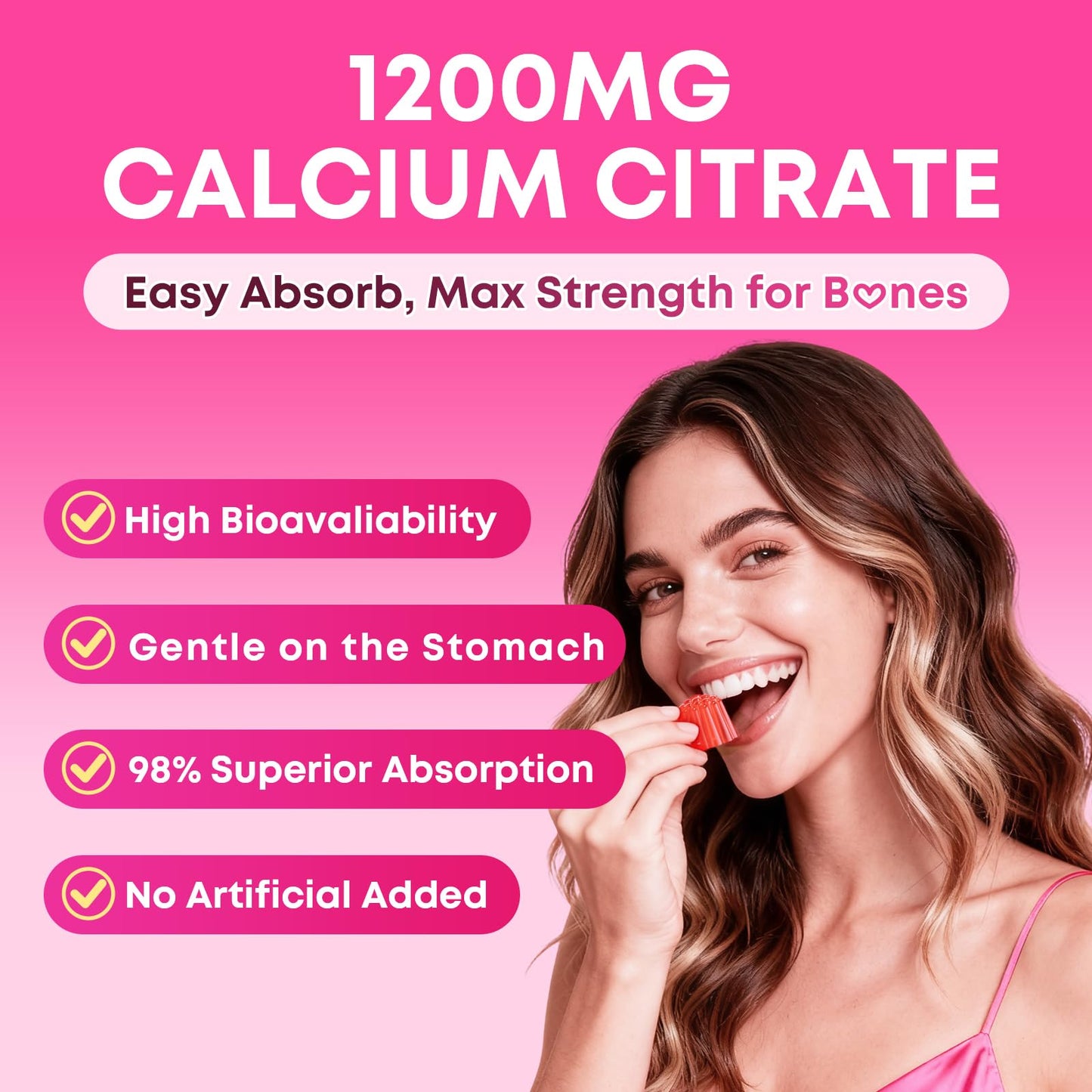 Zetelixia Calcium Gummies for Women with Calcium Citrate 1200mg, Vitamin D3 & K2, Collagen & Biotin, Sugar Free, Non-GMO, Gluten-Free, Strawberry Flavor, 90 Count
