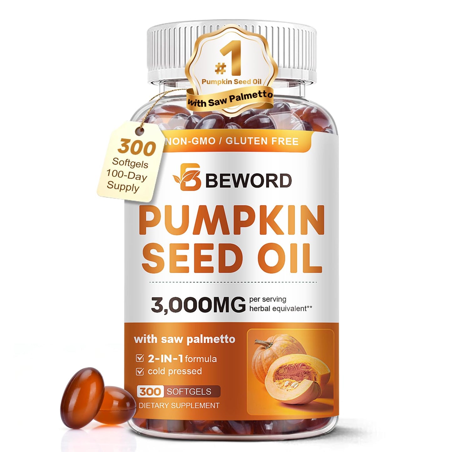 BEWORD Pumpkin Seed Oil with Saw Palmetto Softgel, 300 Softgels