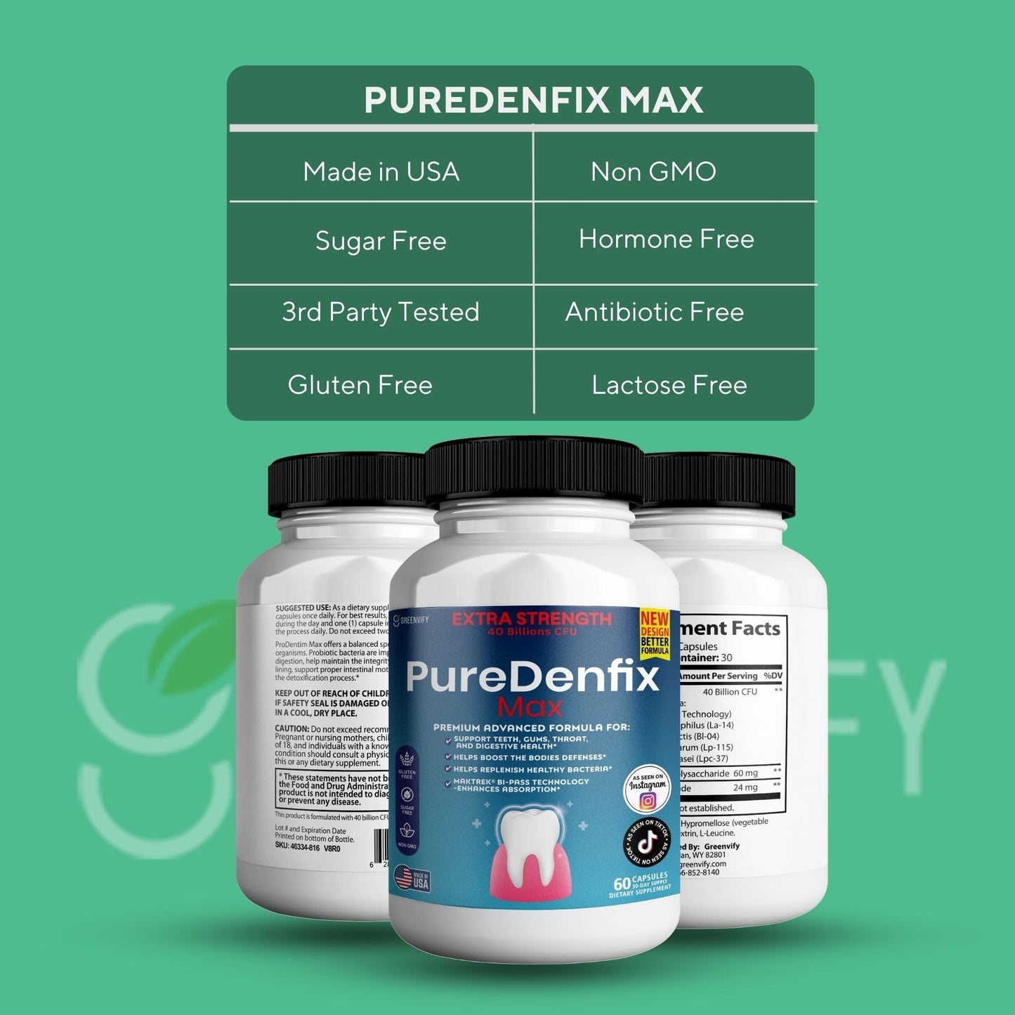 PureDenfix Max Extra Strength Probiotic Supplement with 40 Billion CFU Supports Teeth, Gums, Ears, Nose, Throat & Digestive Health, 60 Capsules