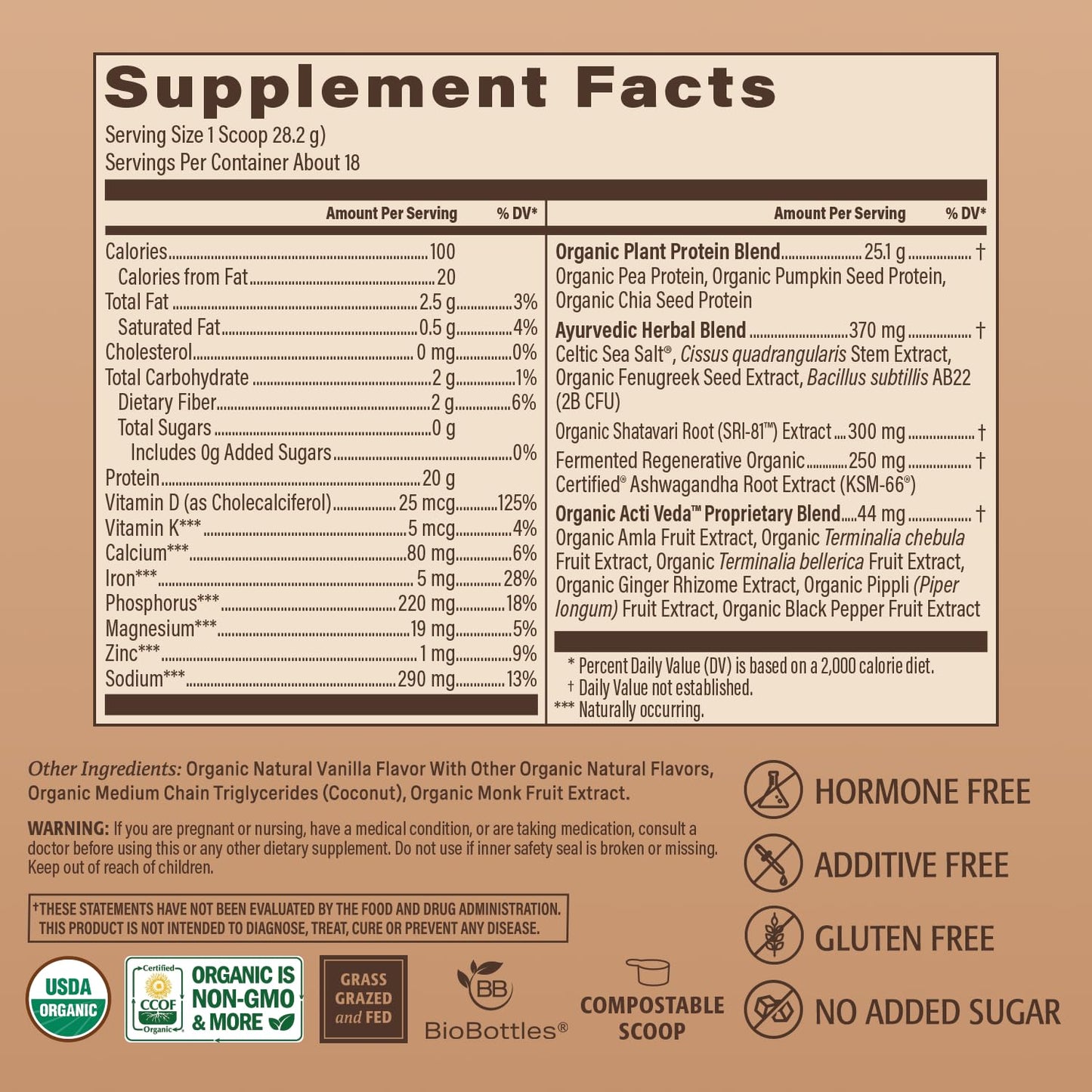 ELEVATE ORGANIC Women's Plant Protein Powder Vanilla, Pea Protein, 1.12 lb