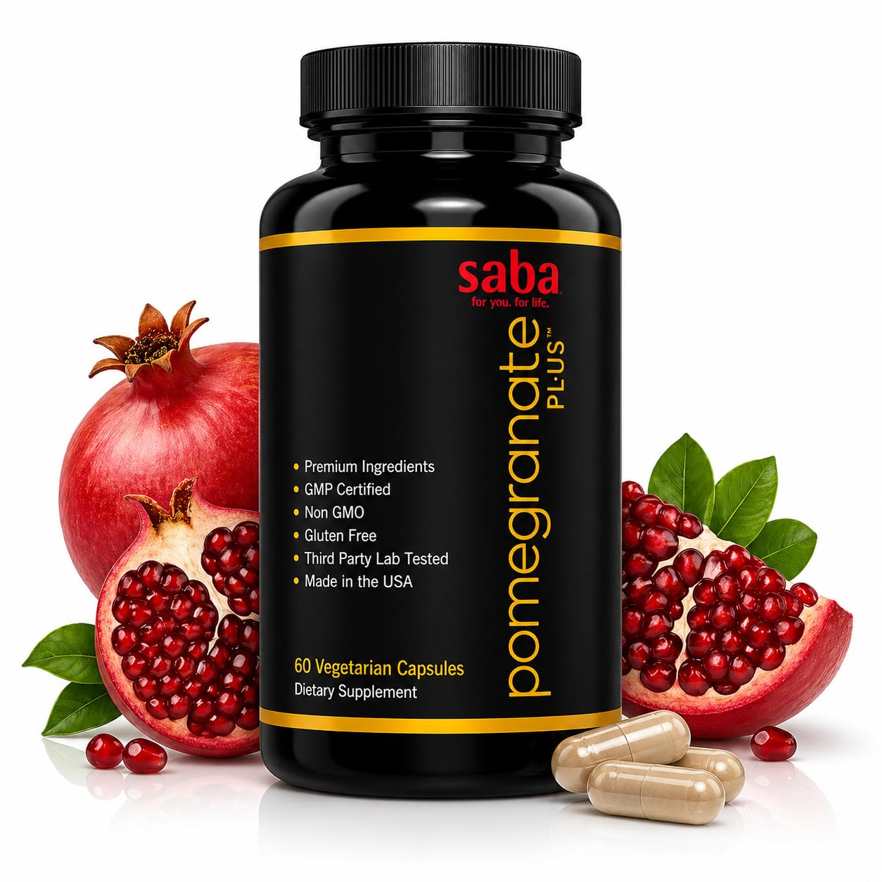 Saba Pomegranate Plus Astaxanthin Supplement with AstaReal & Pomegranate Extract 60 Capsules