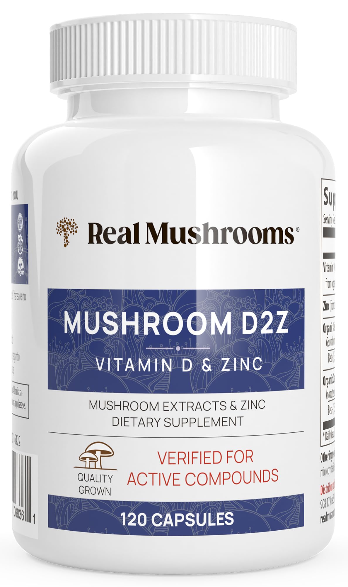 Real Mushrooms Zinc and Vitamin D2 Capsules with Organic Chaga and Reishi Mushroom Extracts – Vegan, Non-GMO, Gluten-Free, 120 Count