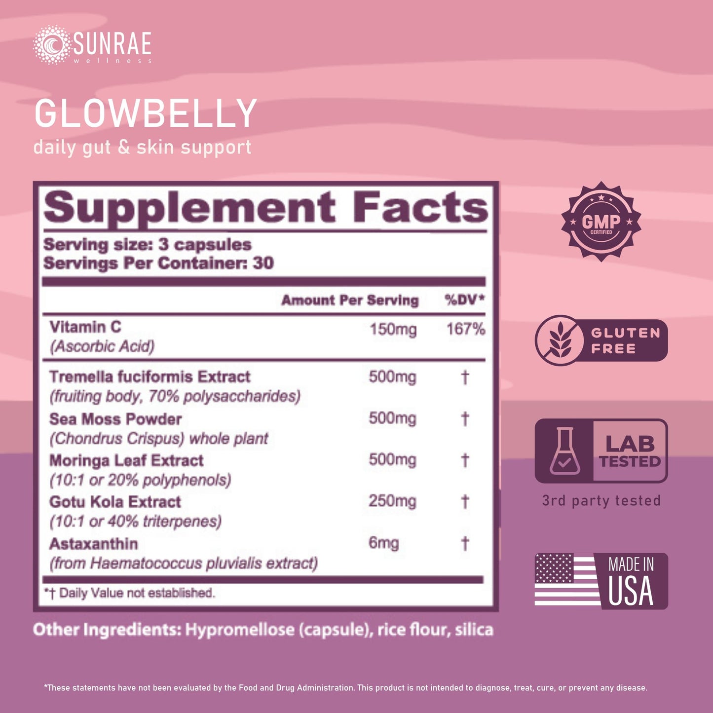 Sunrae Wellness Glowbelly Beauty Supplement with Sea Moss, Astaxanthin, Moringa, & Vitamin C for Glowing Skin, Hydration, Healthy Aging & Gut Health Capsule, 90 Count