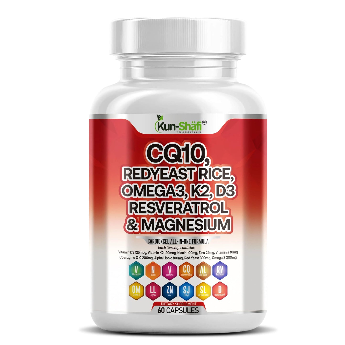 Kun Shafi COQ10 250mg, Red Yeast Rice, Omega-3, PQQ, Nattokinase, Resveratrol – Heart & Cardiovascular Support Supplement with Vitamin D3, K2, E, Zinc, 60 Capsules