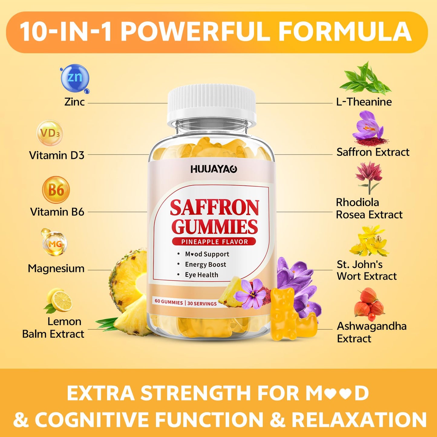HUUAYAO 10-IN-1 Saffron Gummies, 120 Count
