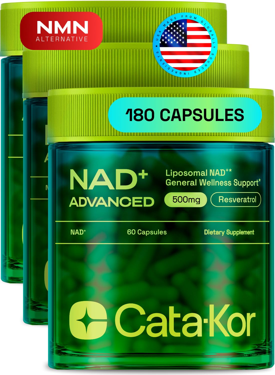 Cata-Kor Liposomal NAD Supplement with Resveratrol NMN Alternative 90-Day Supply 180 Capsules