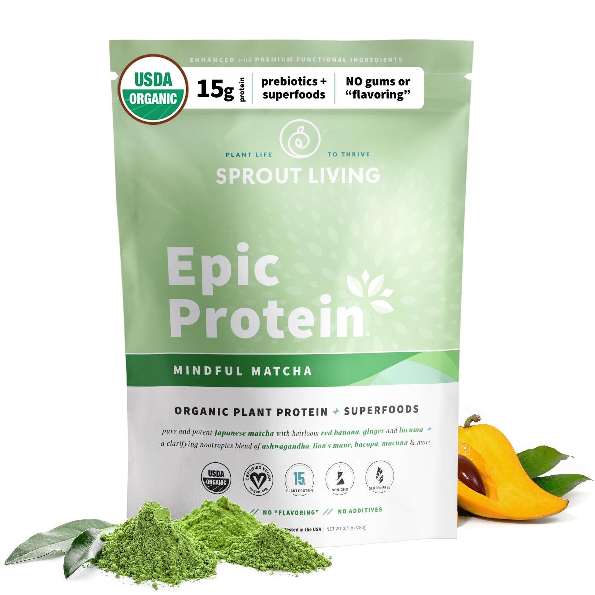 Sprout Living Epic Protein Plant Based Protein & Superfoods Powder Mindful Matcha, 16 Servings