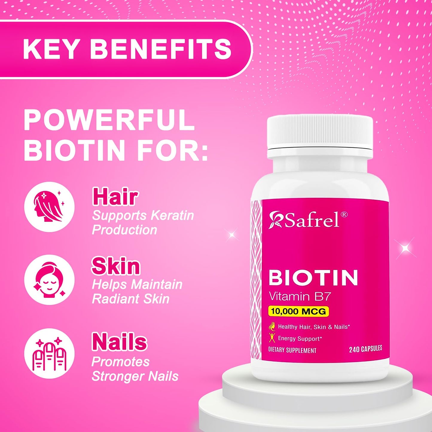 Safrel Biotin (Vitamin B7) 10,000mcg (10mg) Vitamin Supplement, 240 Capsules