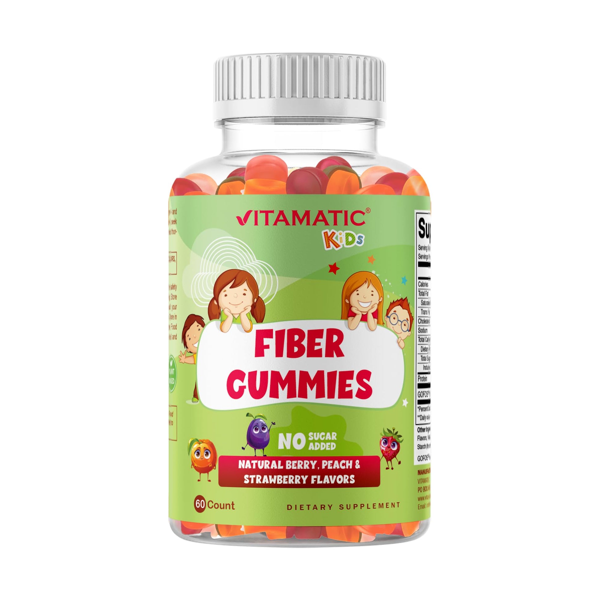 Vitamatic Kids Prebiotic Fiber Gummies Extra Strength 4g Fiber Zero Sugar Added Digestive Health & Regularity Support, 60 Count