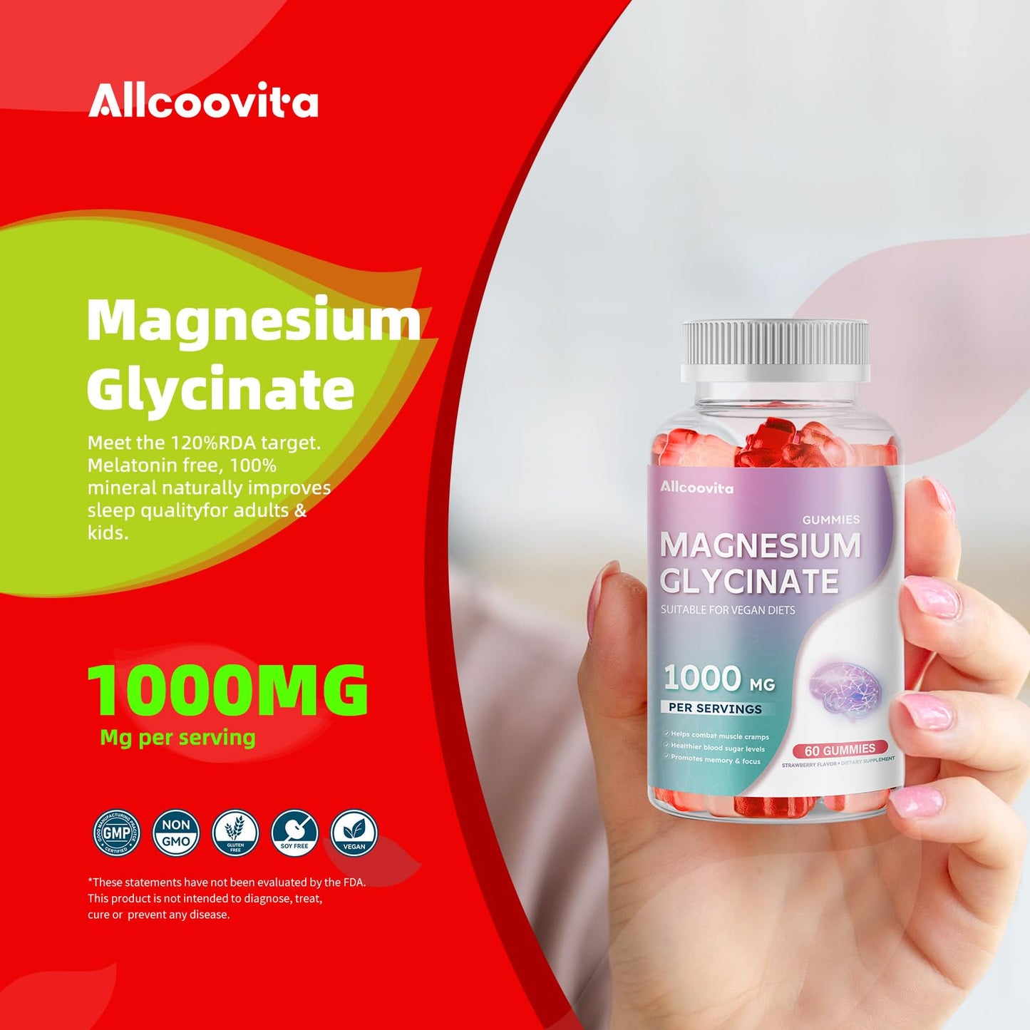 Allcoovita Magnesium Glycinate Gummies 1000mg Sugar Free with Vitamin D, B6 & CoQ10 for Calm Mood & Sleep Support, 60 Gummies
