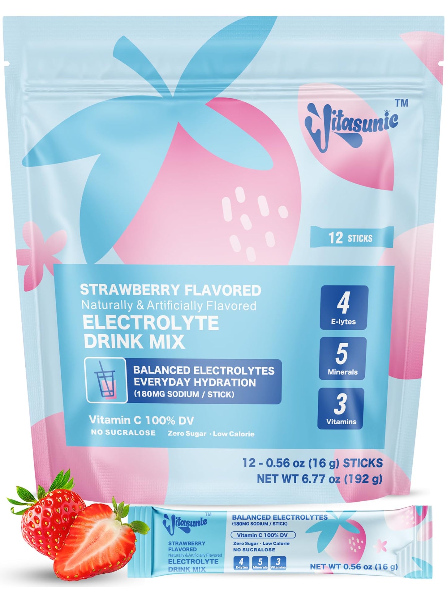 VITASUNIC Electrolyte Powder Packets, 12 Pack, Sugar Free Strawberry