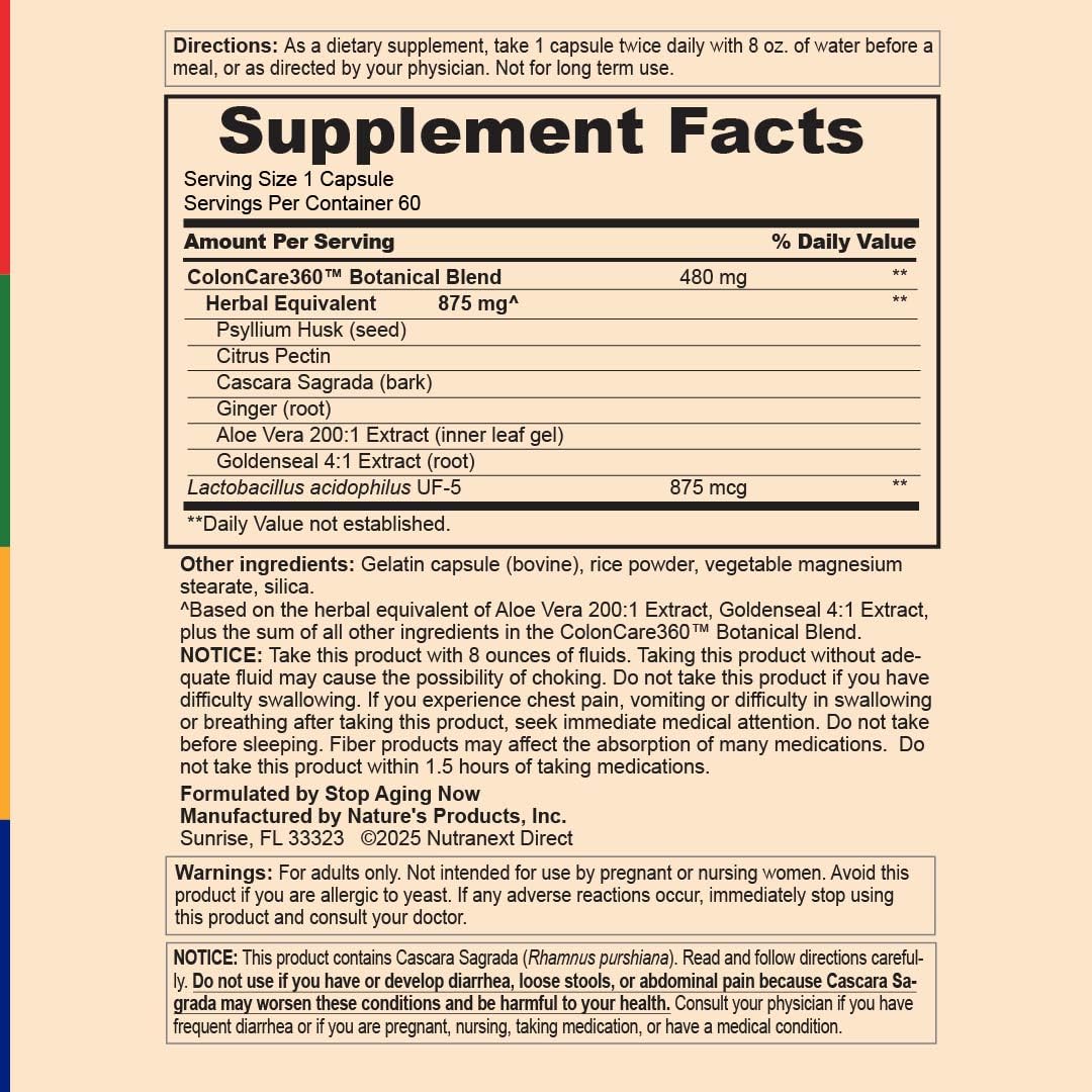 Stop Aging Now Colon360 Colon Health Support Supplement Capsules, 60 Count