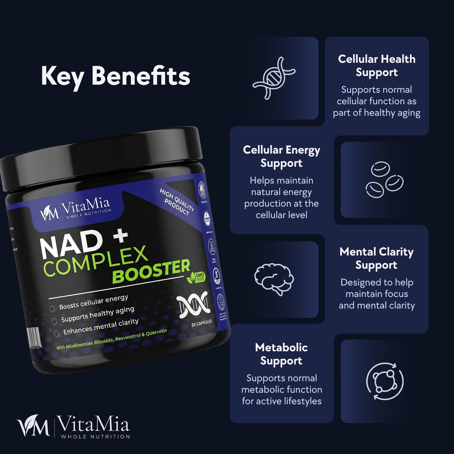 VitaMia Whole Nutrition NAD+ Complex Booster, 30 Capsules