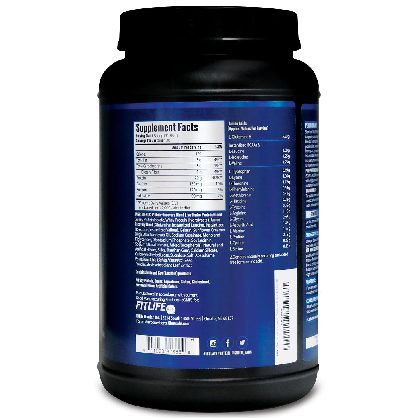 SIRENLABS Isolate Premium Whey Protein Powder Vanilla Ice Cream, 32 Servings