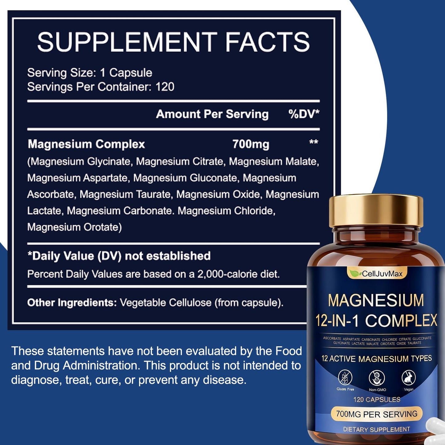 WOJJ Magnesium 12-in-1 Complex 700mg, with Glycinate & Citrate, Vegan Supplement for Daily Wellness, Capsule, 120 Count