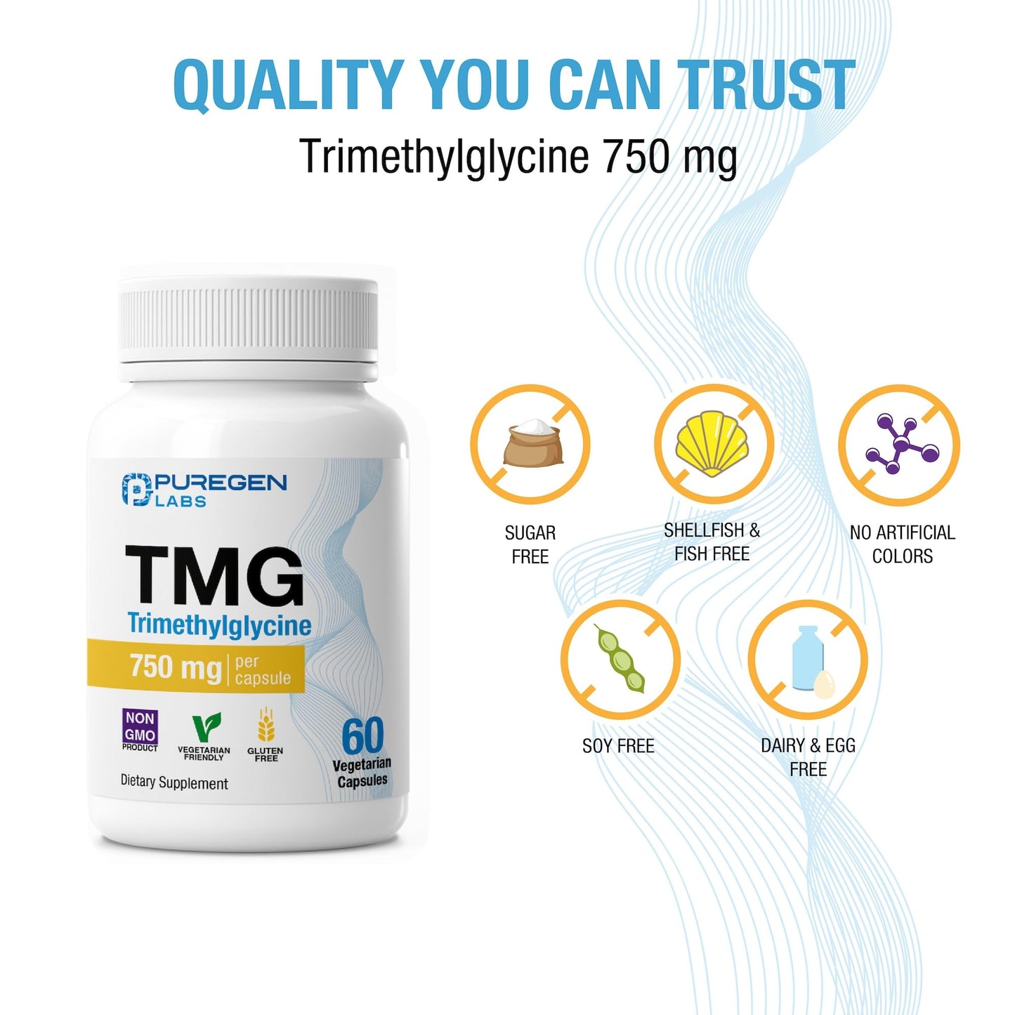 Puregen Labs TMG 750 mg Trimethylglycine Supplement Capsules, 180 Capsules
