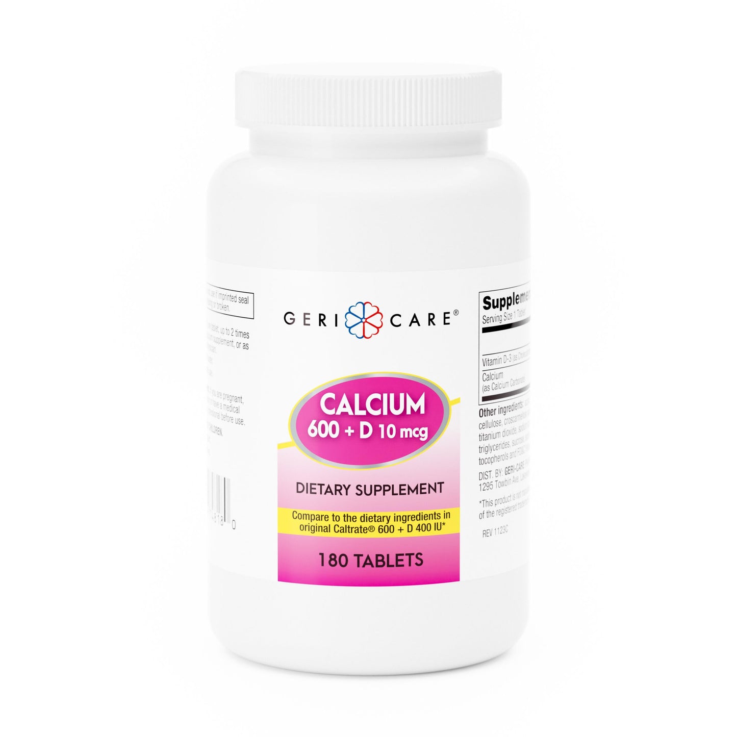 GeriCare Calcium 600mg Vitamin D 10mcg Tablets, 180 Count