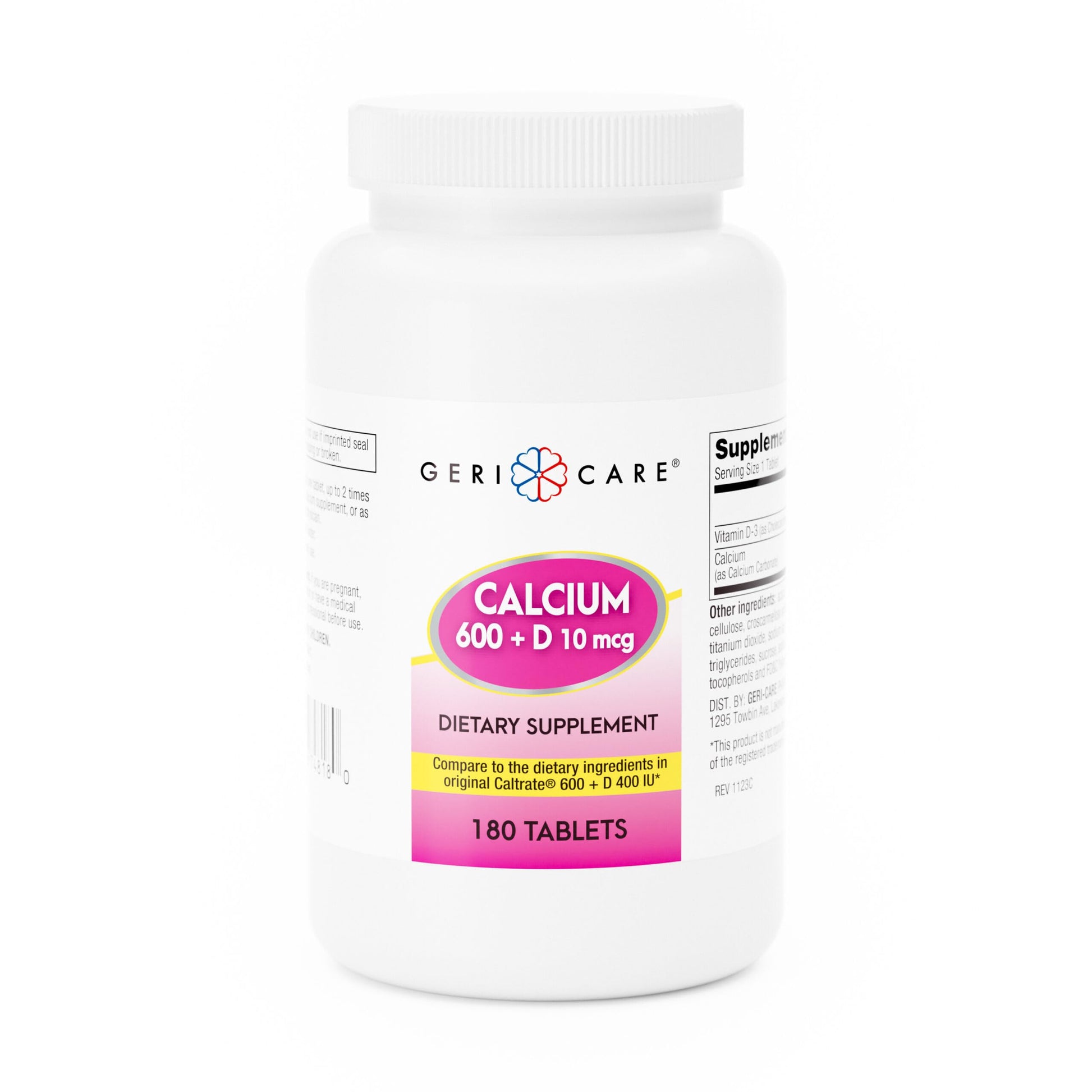 GeriCare Calcium 600mg Vitamin D 10mcg Tablets, 180 Count