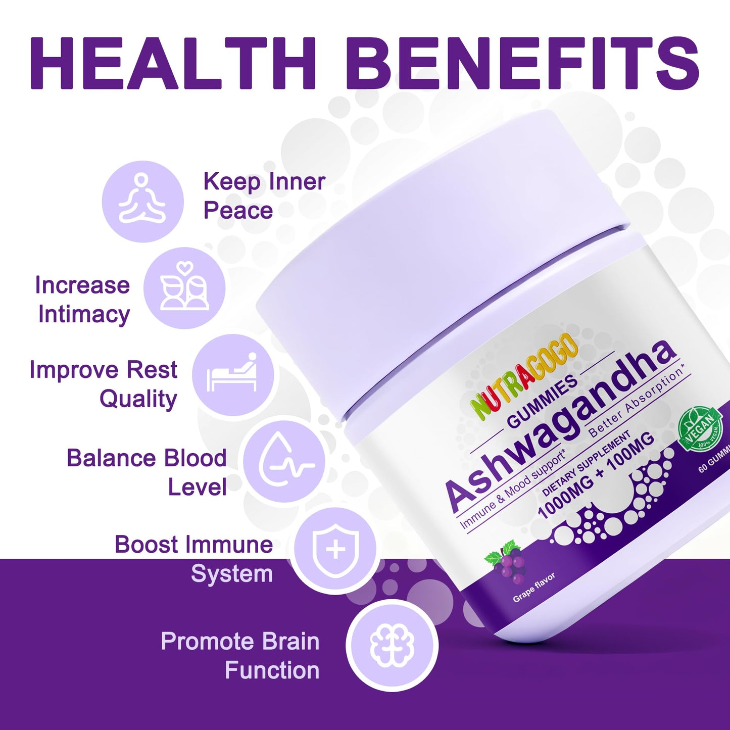 NUTRAGOGO Ashwagandha Gummies & Vitamin D3 Gummies, Gummy, 60 Count
