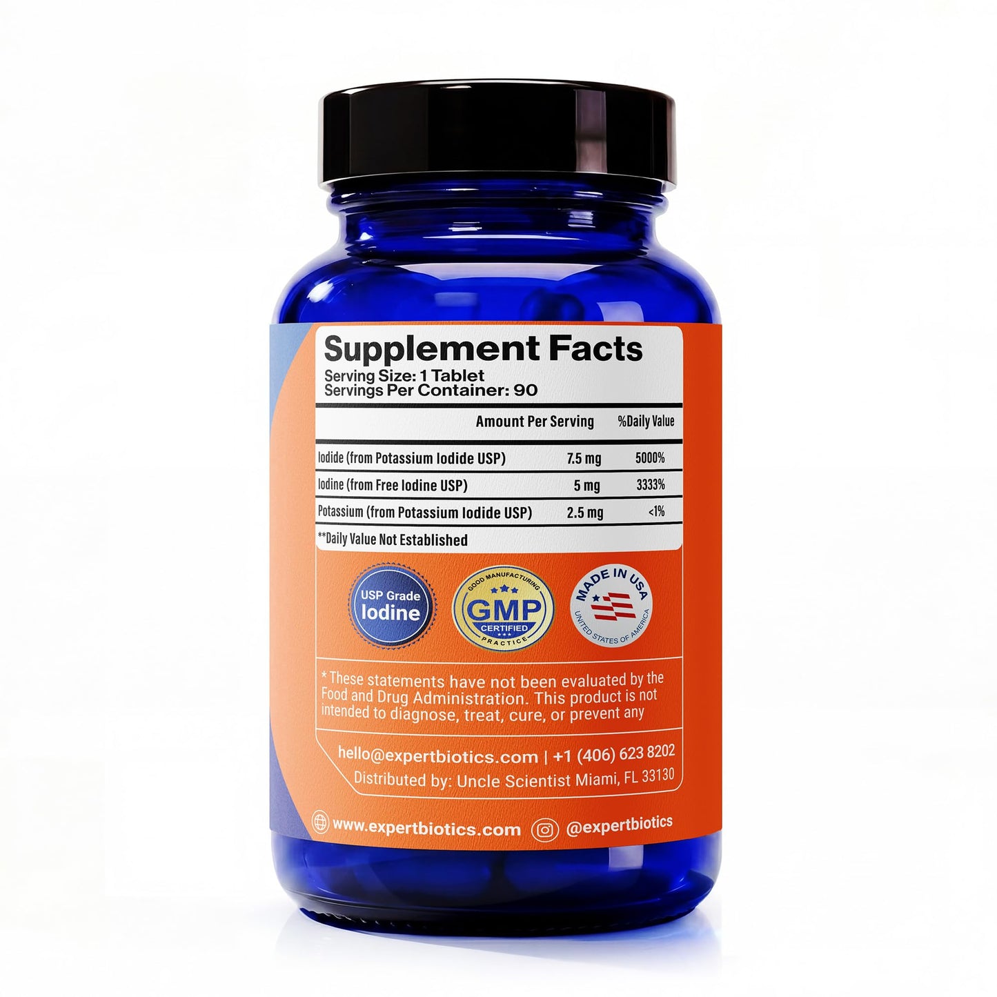 Expert Biotics Iodine+ 12.5 mg Tablets with Potassium Iodide USP and Free Iodine USP Dietary Supplement, 90 Tablets