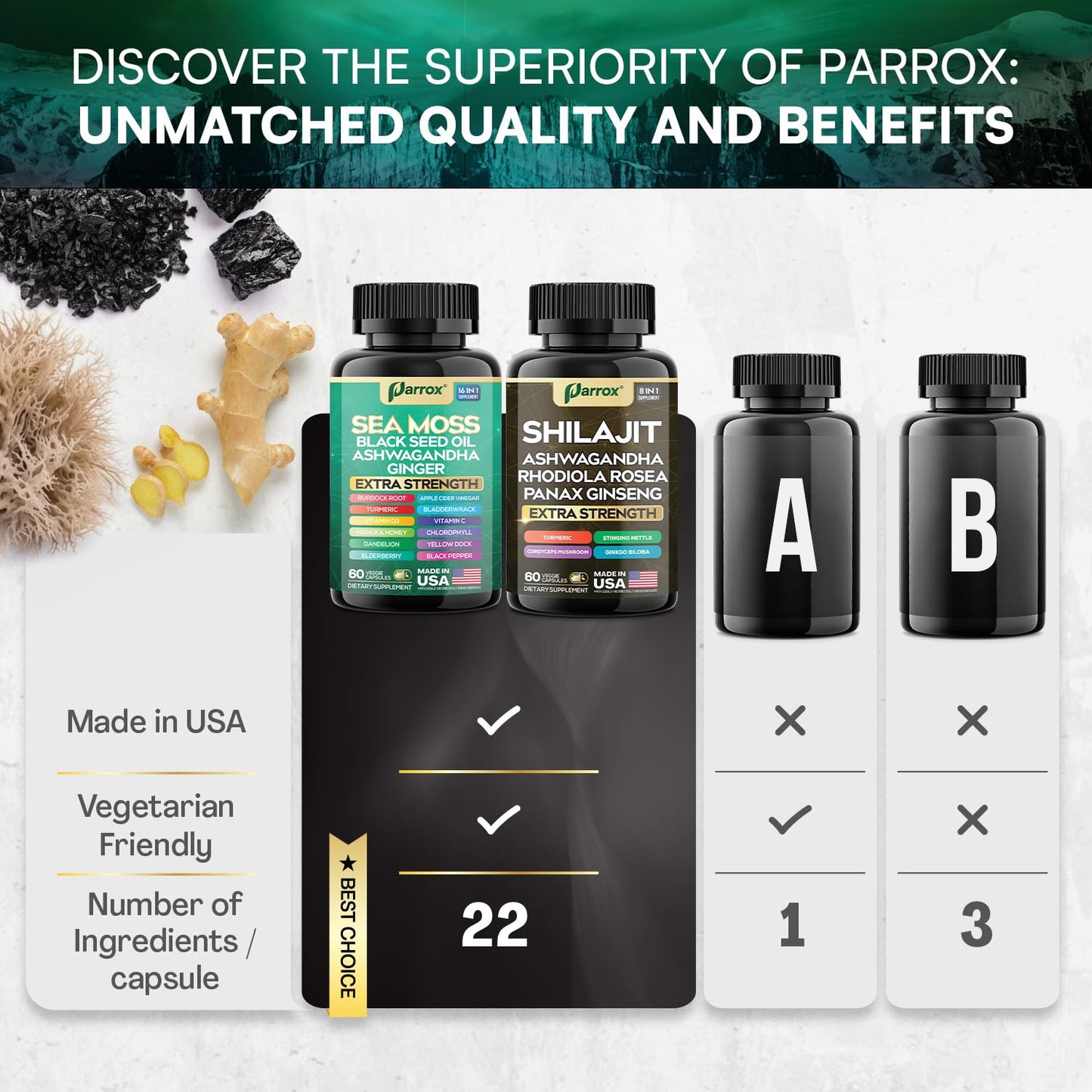 Parrox Shilajit & Sea Moss Bundle, Black Seed Oil & Ashwagandha, Dynamic Vitality Capsules 120