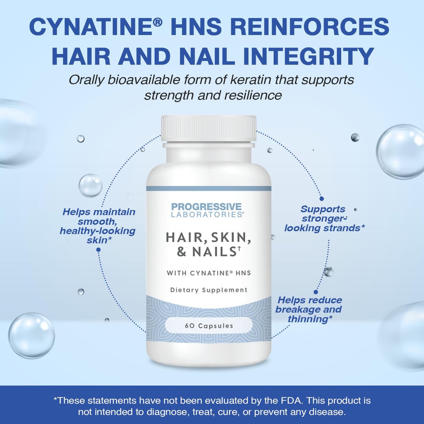 Progressive Laboratories Hair, Skin & Nails Supplement with Cynatine HNS & TRAACS Minerals, 60 Capsules