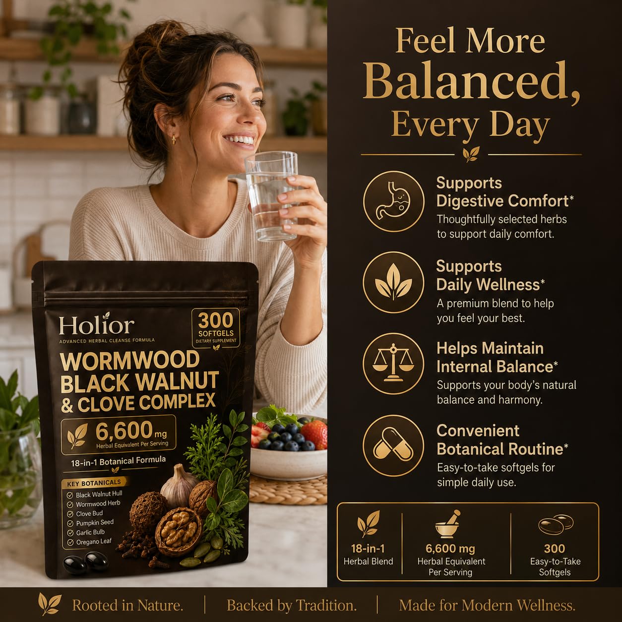 Holior Health Wormwood Black Walnut Cloves Digestive & Gut Balance Support Herbal Formula with Turmeric, Clove, Garlic, Pumpkin Seed & Oregano Softgel 300