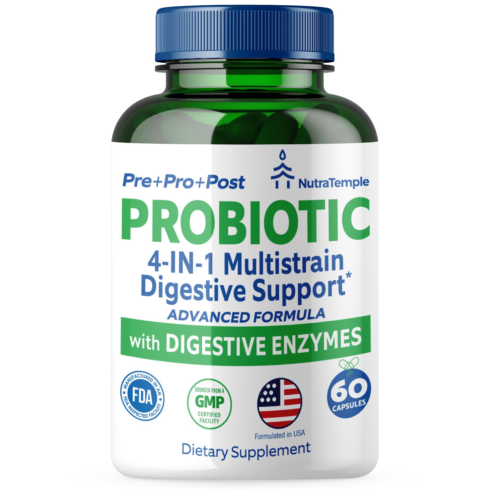NUTRATEMPLE 4 in 1 Pre Post Probiotics & Digestive Enzymes for Women & Men - Digestive Health, Gut & Immune Support for Occasional Constipation, Diarrhea, Gas & Bloating, Capsule, 60 Count