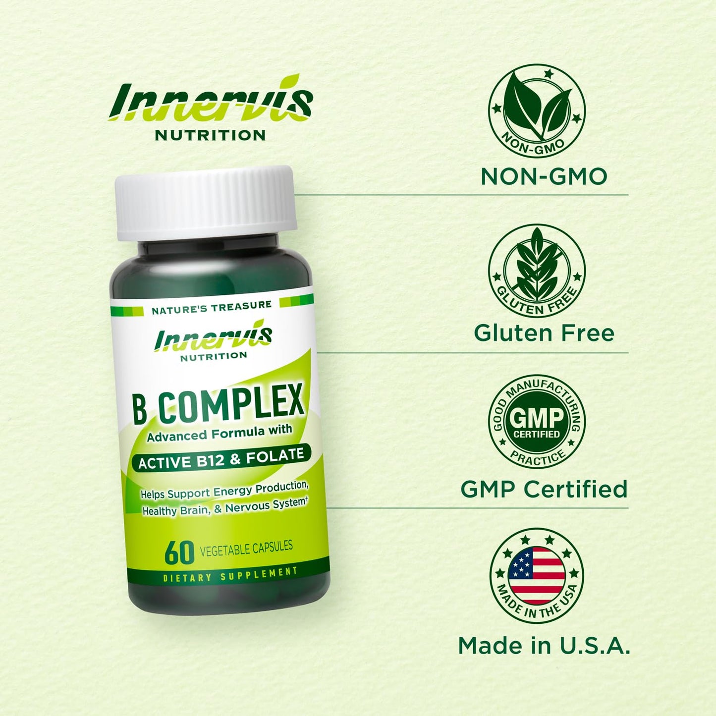 INNERVISNUTRITION Bioactive B Complex with Active B12 & Folate, 60 Vegan Capsules