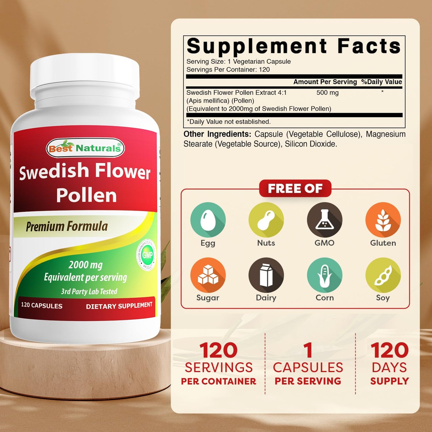 Best Naturals Swedish Flower Pollen 4:1 Extract 500 mg Capsules, 120 Count