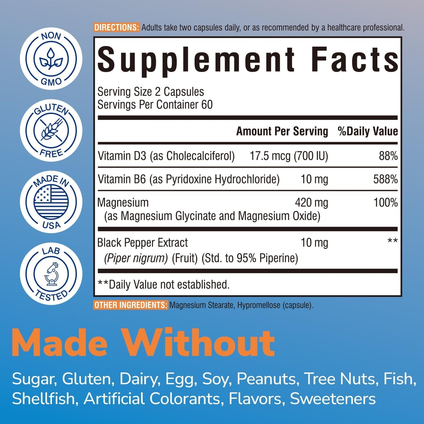 Vitalibre Magnesium Glycinate 420mg with Vitamin D3 B6, 120 Capsules