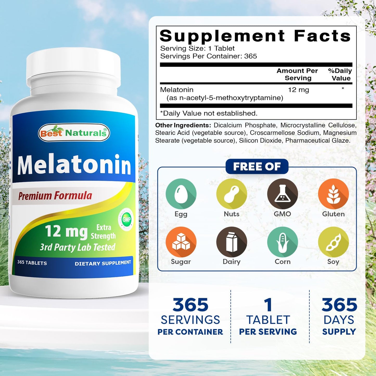 Best Naturals Melatonin 12 mg Tablet, 365 Tablets