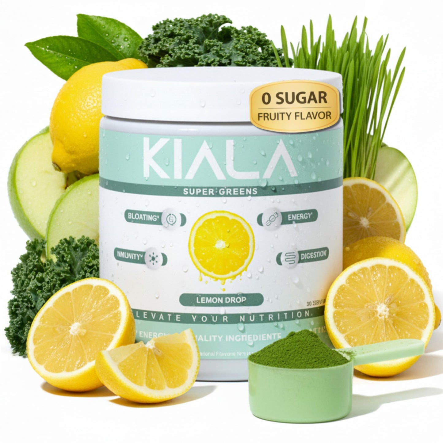 Kiala Nutrition Super Greens Organic Greens Powder with Spirulina & Chlorella, Lemon Drop, 30 Servings