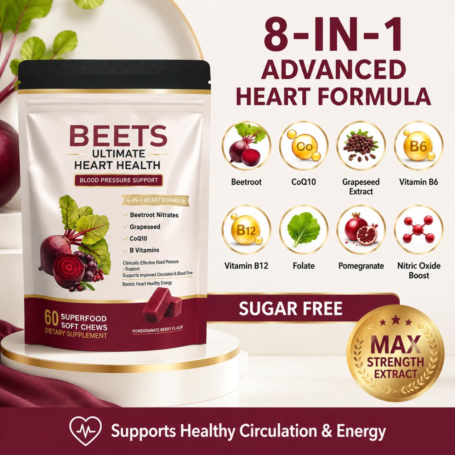 EOQIFJM Beet Chews 4-in-1 Chewable 60 Count