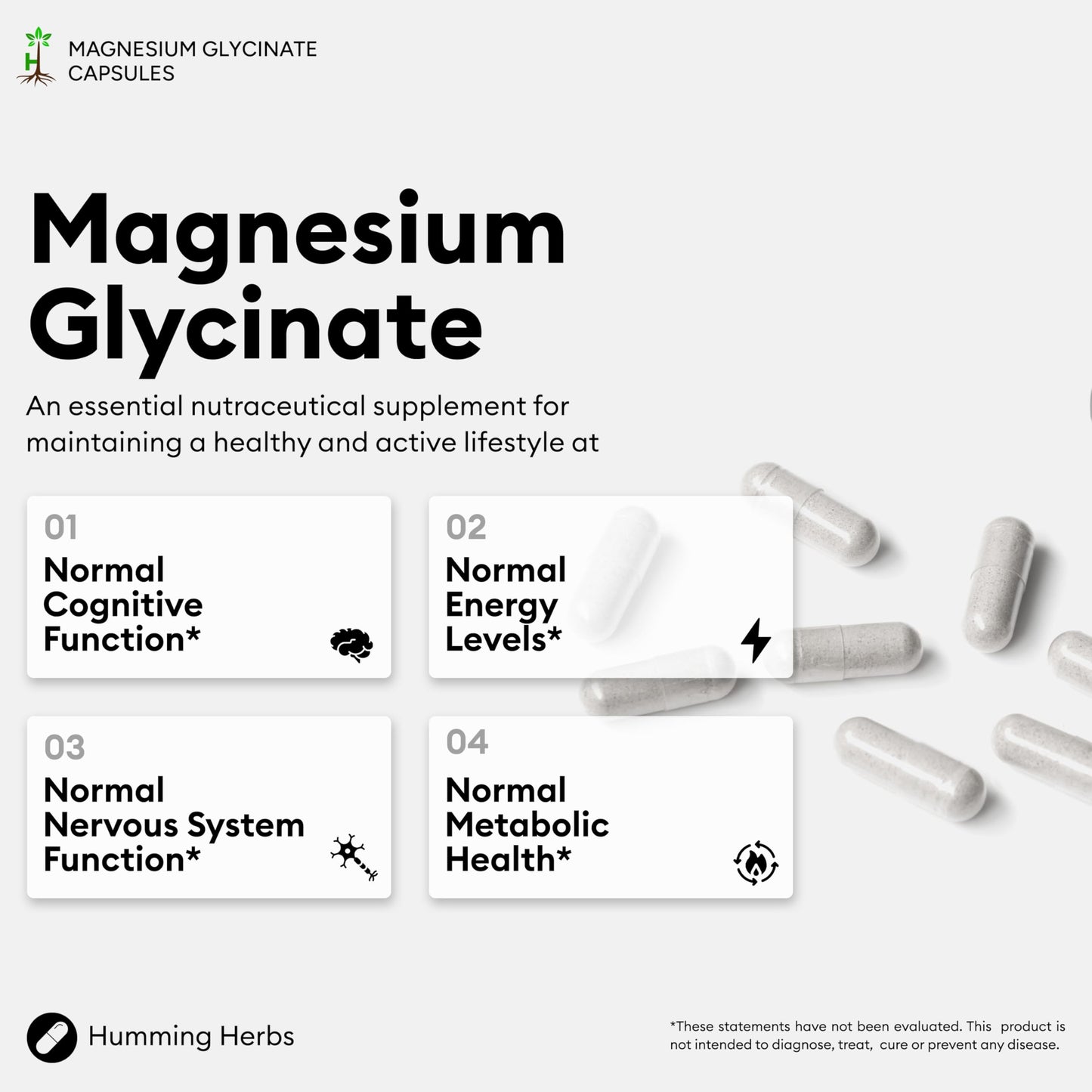 Humming Herbs Magnesium Glycinate & Bisglycinate – 200 mg Elemental per Serving, 120 Capsules
