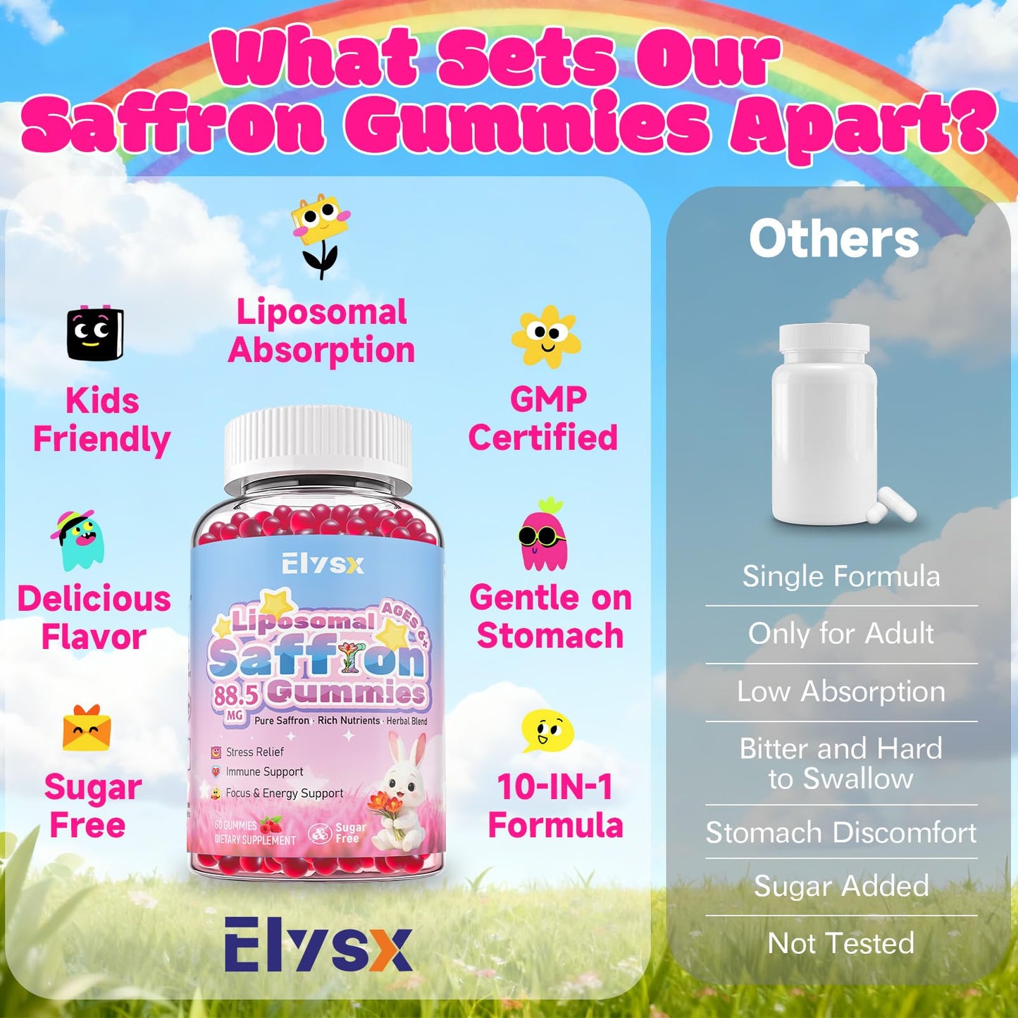 Elysx Saffron Gummies for Kids & Adults with Holy Basil, Rosemary Gummy 60 Count