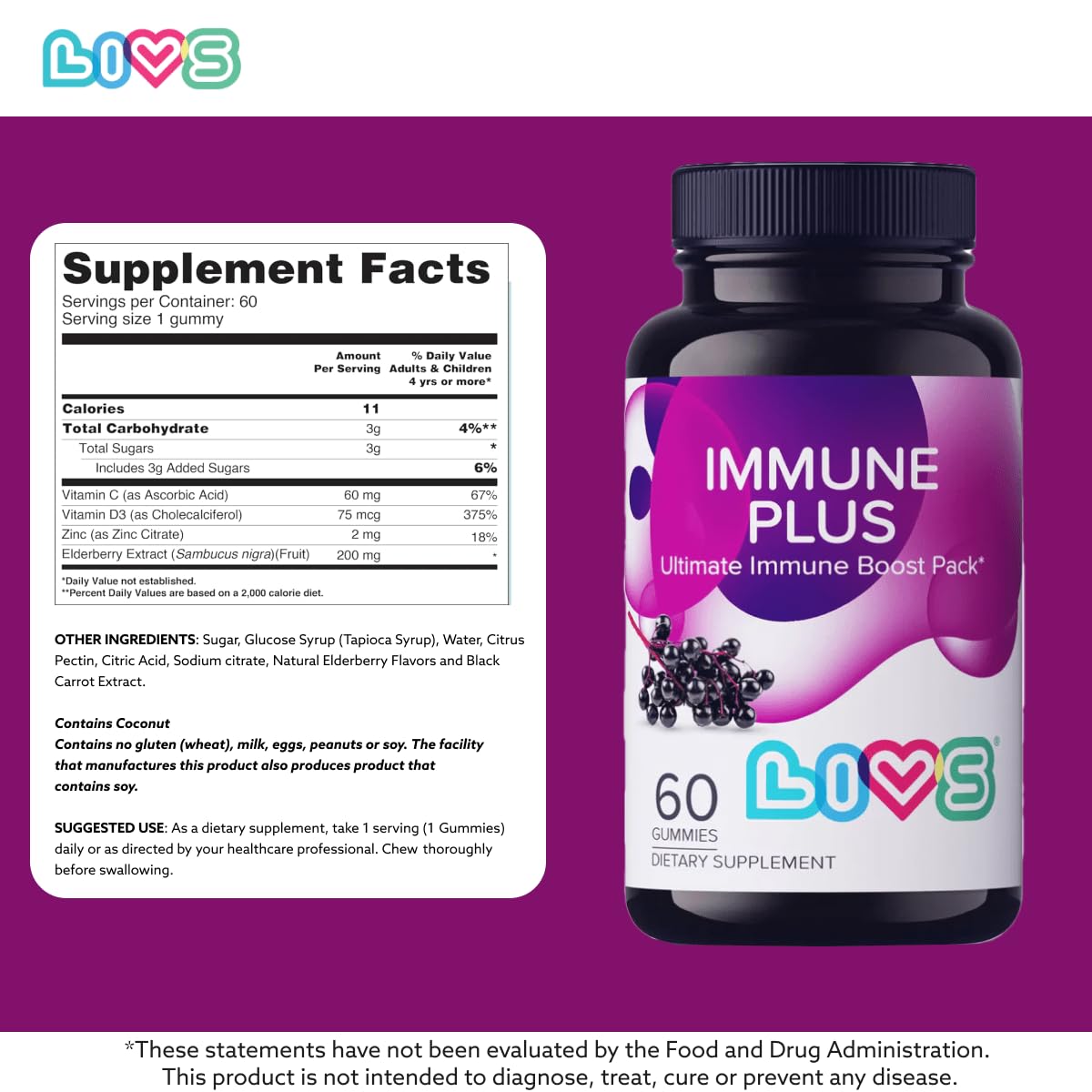 LIVS Immune Plus Gummies – Elderberry Extract with Vitamin C, D3, & Zinc, Pack of 2