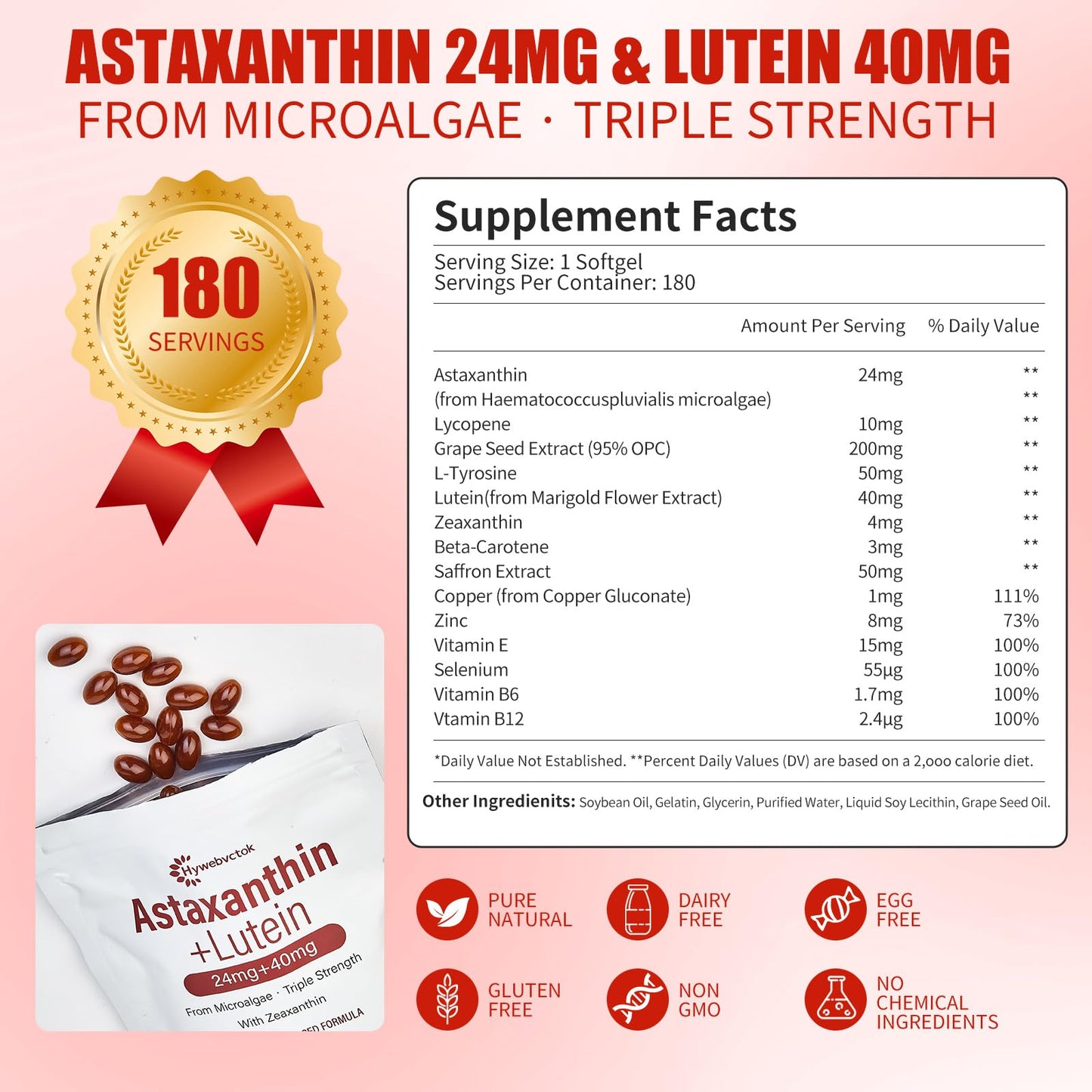 Hywebvctok 14-in-1 Astaxanthin with Lutein & Zeaxanthin (24mg/40mg), Fresh Microalgae Source, Non-GMO, Eye & Skin Health, 180 Softgels