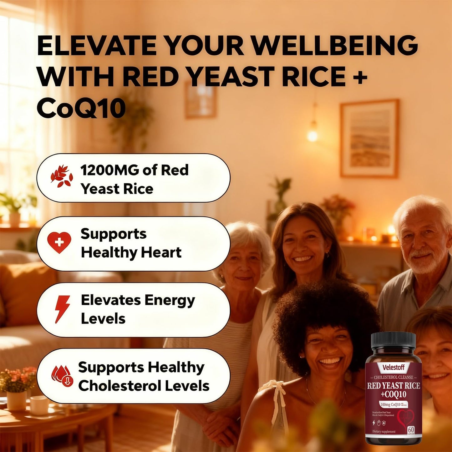 Velestoff Red Yeast Rice & CoQ10 Heart & Cholesterol Support Capsules, Citrinin-Free, Third-Party Tested, Vegan, USA-Formulated, 1 Capsule