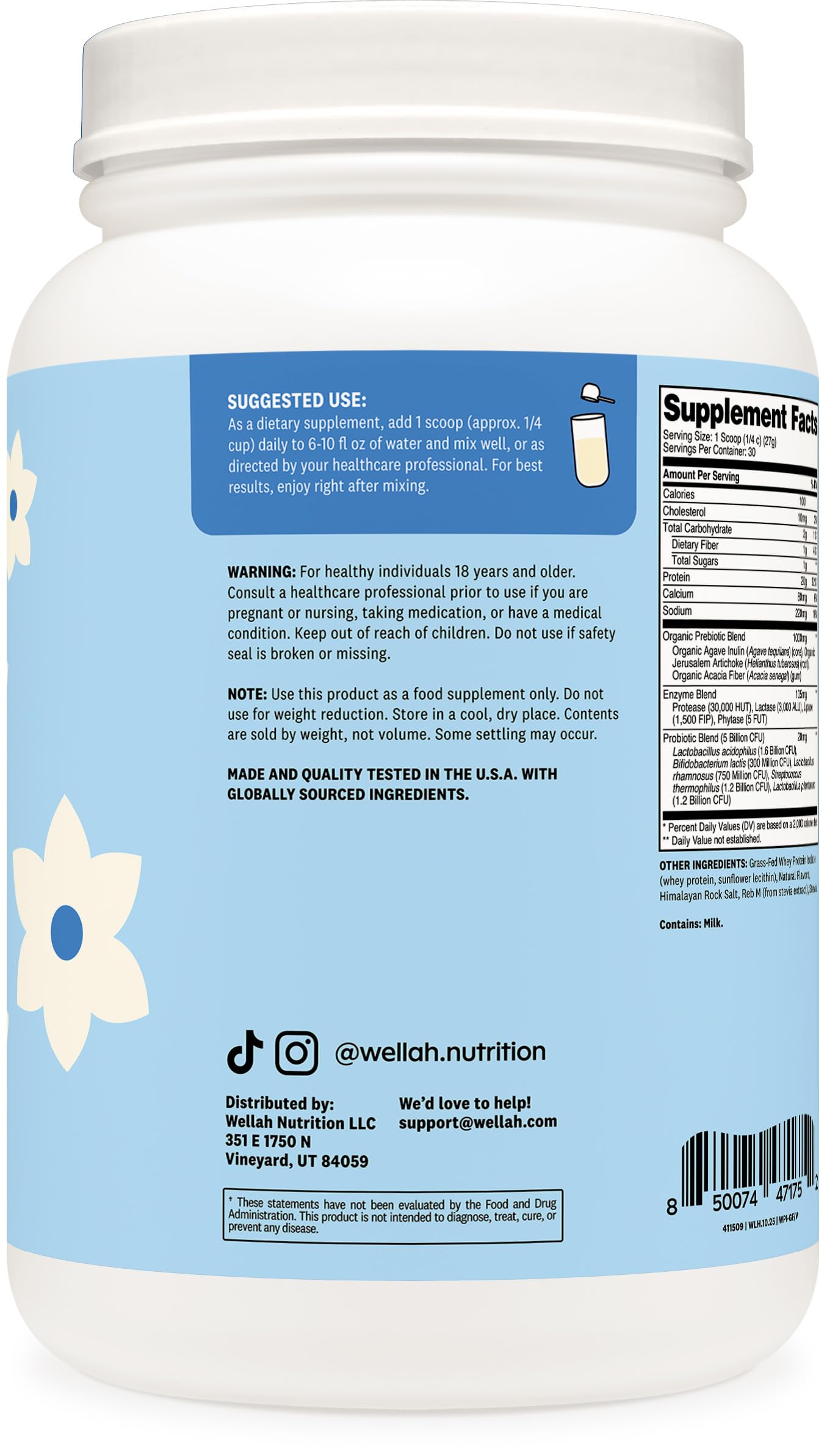Wellah Grass-Fed Whey Protein Isolate Powder Vanilla 28.5 Servings