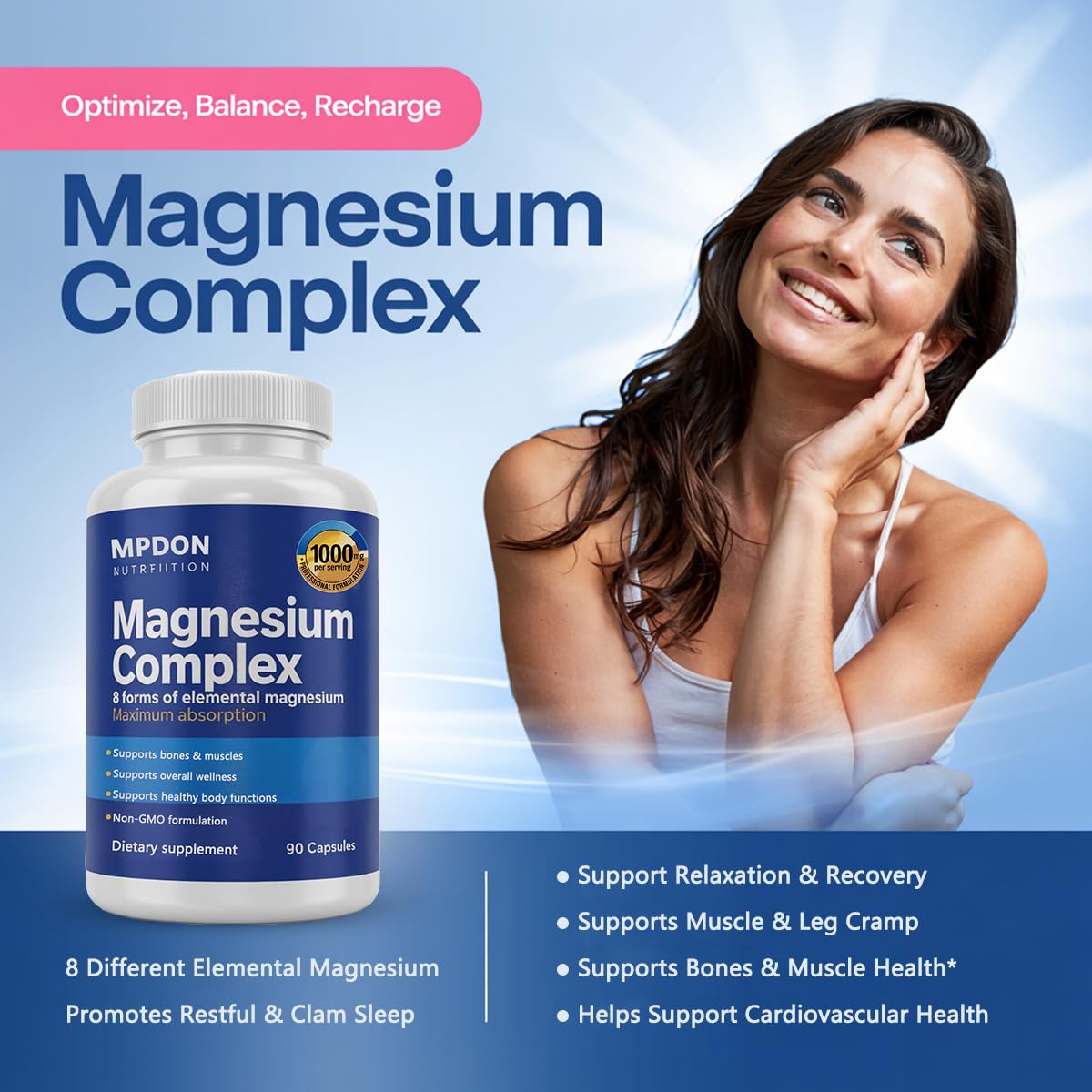 MPDON 8-in-1 Magnesium Complex 1000mg - Features Elemental Magnesium & Citrate, Capsule, 1 Count