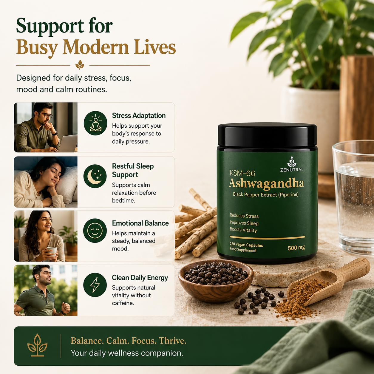 Zenutral KSM-66 Ashwagandha 500mg with Black Pepper (Piperine) – Stress, Sleep & Cortisol Support – Calm Energy, Focus & Mood – Non-GMO Vegan, 120 Capsules