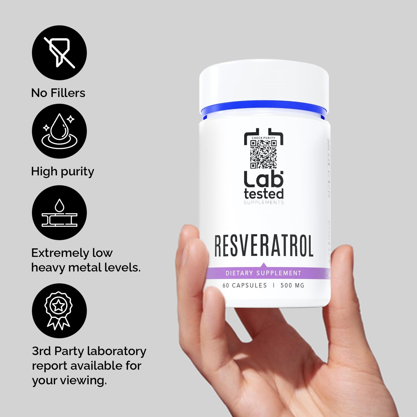 Lab Tested Supplements Trans-Resveratrol 500mg Capsules, 60 Count