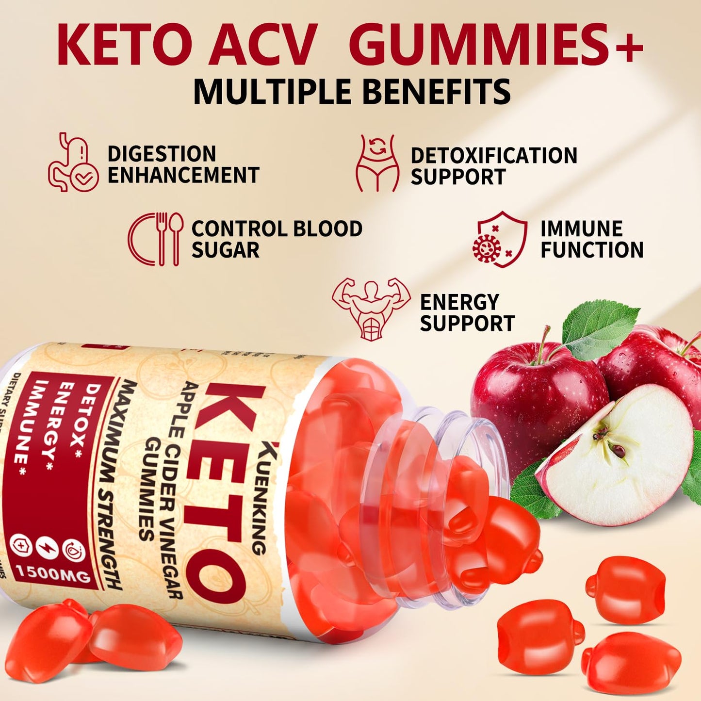 Regio Keto ACV Gummies Advanced Formula with Apple Cider Vinegar, Mother & Lemon Honey Flavor, B6 & B12, Vegan & Non-GMO, 60 Gummies